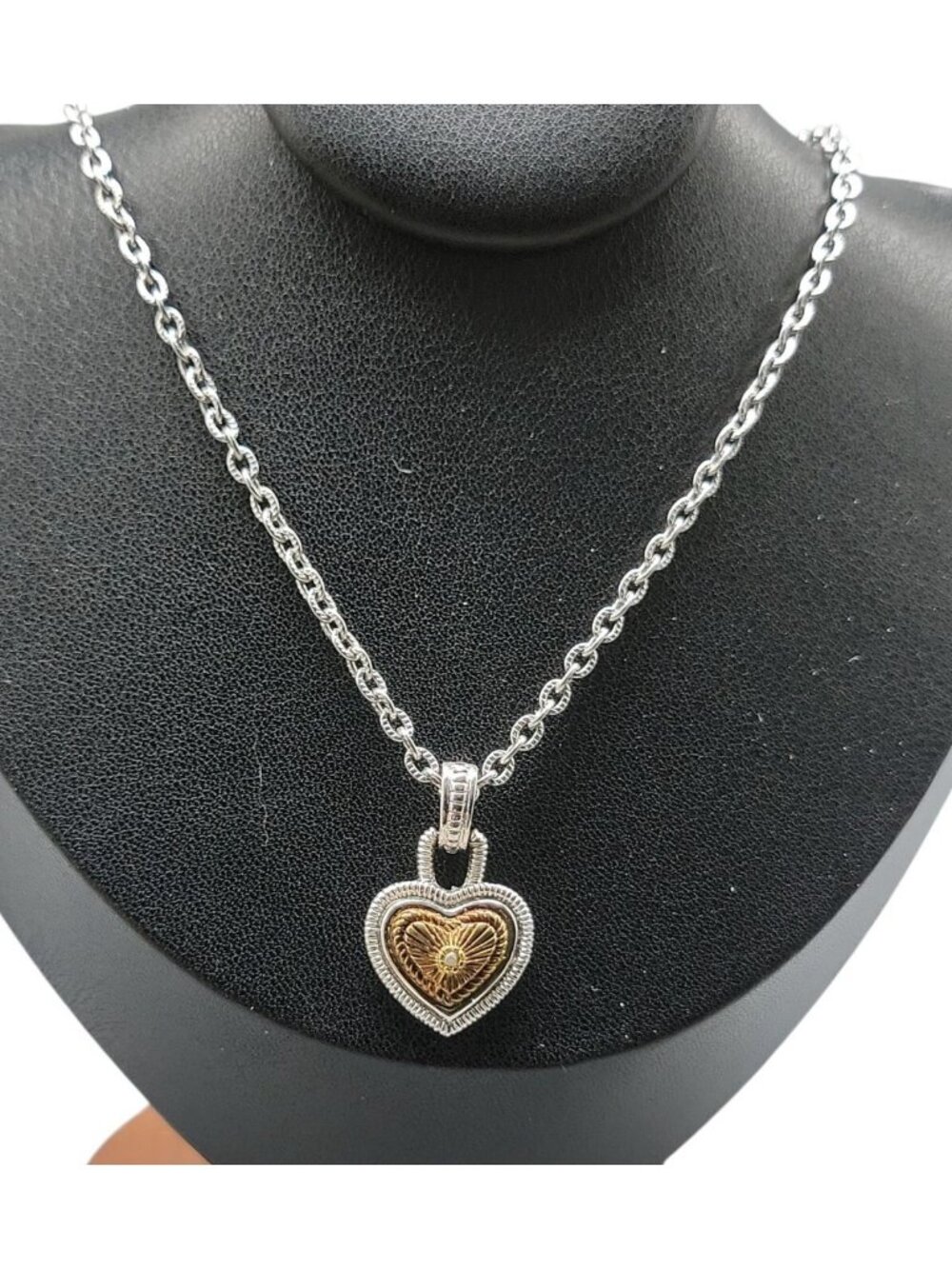 Vintage Diamonds International Two Tone Heart Pendant Necklace Silver Gold